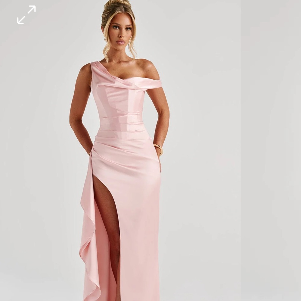 Pink Asymmetrical One Shoulder Gown with Slit